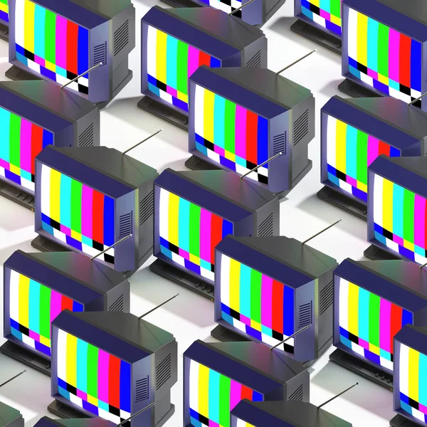 3d rendering of many isometric TVs with test image on screen. Repeated objects pattern. Retro technology on white background