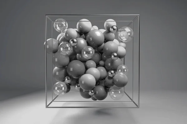 Grupo Esferas Brillantes Monocromáticas Cubo Alambre Cromado Bolas Plástico Gris — Foto de Stock
