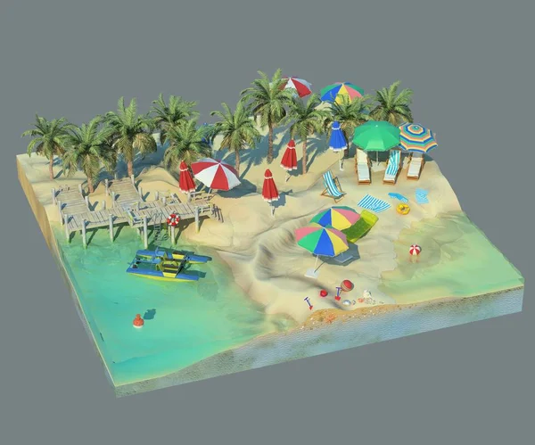 비치의 렌더링입니다 크로스 섹션에서 모래의 뗏목과 라운지의 파라솔 야자수와 휴가의 — 스톡 사진