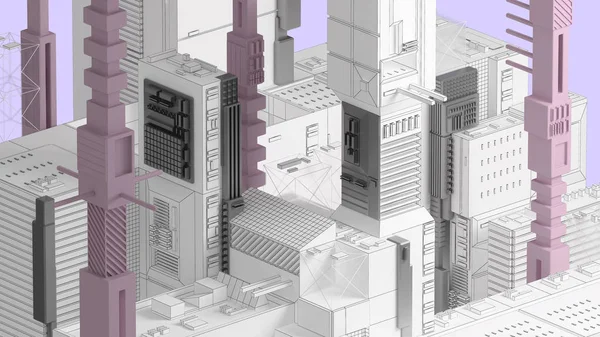 Representación Ciudad Digital Paisaje Urbano Abstracto Con Rascacielos Marco Alambre —  Fotos de Stock