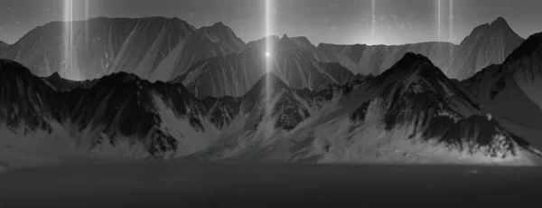 Renderowania Snowy Góry Scenic Krajobraz Starfall Nocą Abstrakcja Zaczarowany Ciemny — Zdjęcie stockowe
