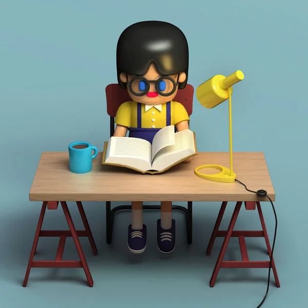 Küçük Kız bardaklarda kitap okuma 3D render. Şirin bir çalışma alanı. Stilize çizgi film.
