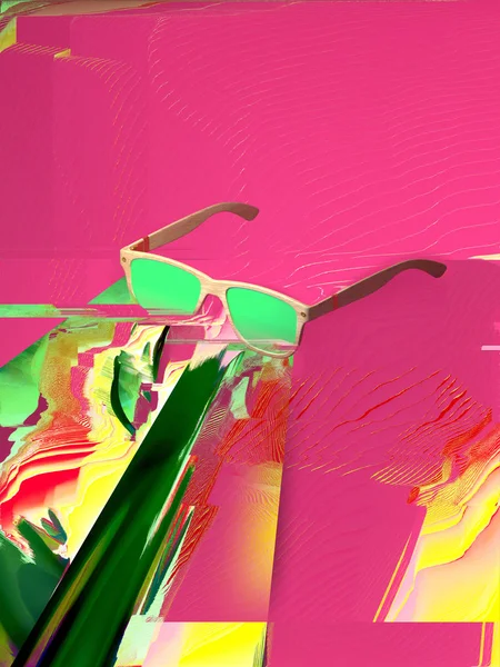 渲染抽象太阳镜与丰富多彩的小故障的风格化飞溅 概念炎热的夏日时光 光明的憧憬 生动的多彩多姿梯度镜子在粉红色背景玻璃隔离 — 图库照片