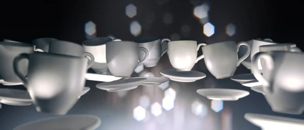 Много Кофе Чашки Плавающие Нулевой Гравитации Тёмный Абстрактный Фон Размытыми — стоковое фото
