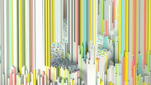 レンダリング抽象的なカラフルなグリッチ 現代生成の背景 グラフ データの配列をランダムに散乱 オレンジ色の列 — ストック写真
