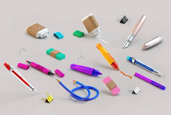 boya ve yazma araçları 3D render ayarlayın. İleti örneği gri arka plan üzerinde yalan rasgele. Eğitim veya okul güzel parlak karikatür tarzı öğeleri sağlar. Yan görünüm