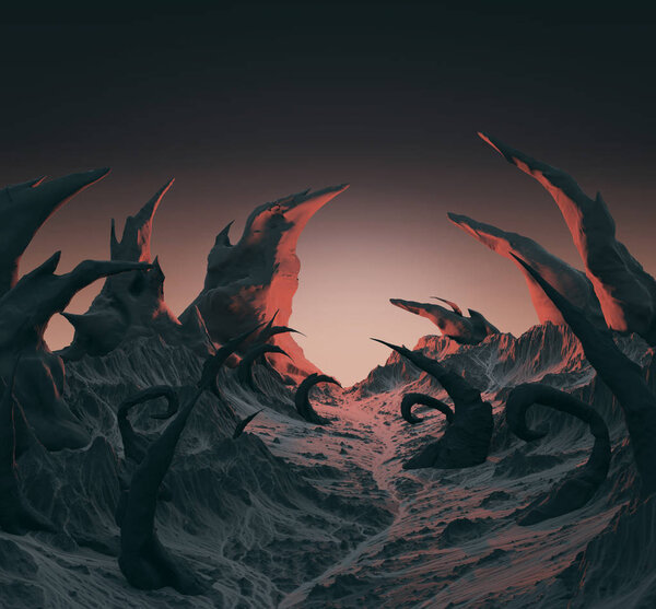 3d rendering of horror landscape. Dry twisted spines, spikes sticking out of the dry stone ground. Evil demonic planet background for Halloween poster.