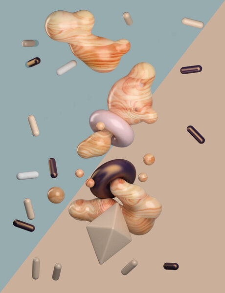 Rendering Group Abstract Objects Wooden Plastic Metal Materials Composition Metaballs — Stock Photo, Image