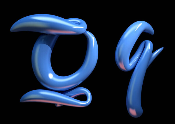3d handwritten blue plastic alphabet letter Q on black background.