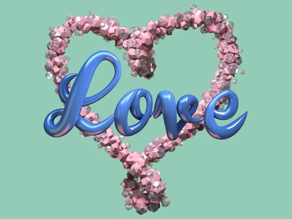 Κρύσταλλο Ροζ Χαλαζία Σχήμα Καρδιάς Στρας Και Καλλιγραφία Κείμενο Αγάπης — Φωτογραφία Αρχείου