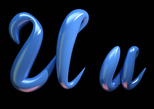 3d handwritten blue plastic alphabet letter U on black background.