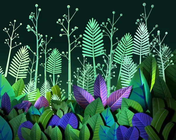 Cartoon Stylized Abstract Green Foliage Jungle Black Background — Stock Photo, Image