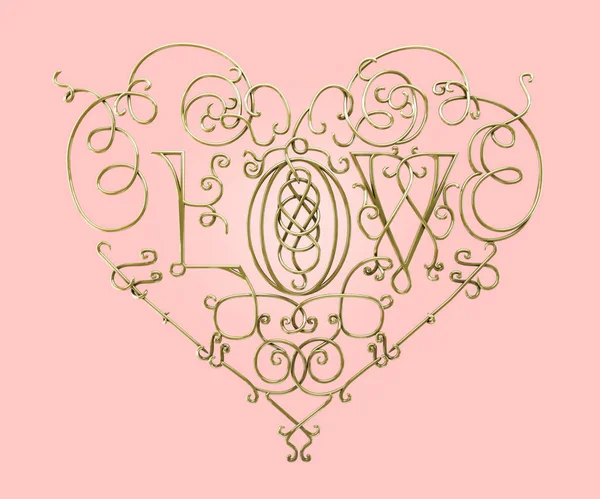 Ornate Heart Handmade Calligraphy Text Love Decorative Gold Heart Shaped — Stock Photo, Image