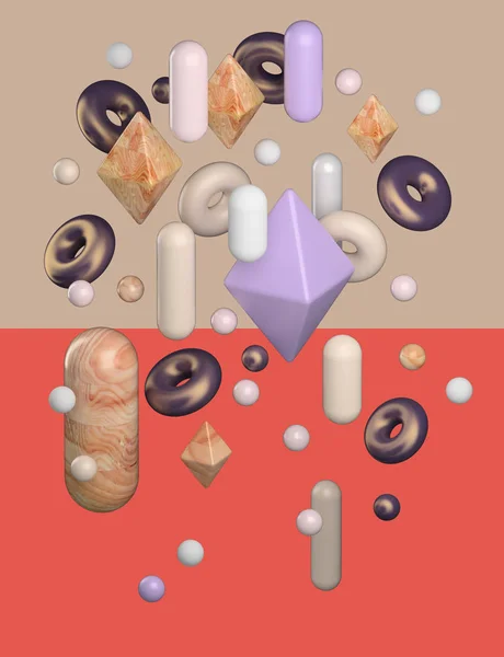 对一组抽象对象的渲染 塑料和金属材料 成分球 甜甜圈 胶囊和体 橙色和米色填充的双色调背景 — 图库照片