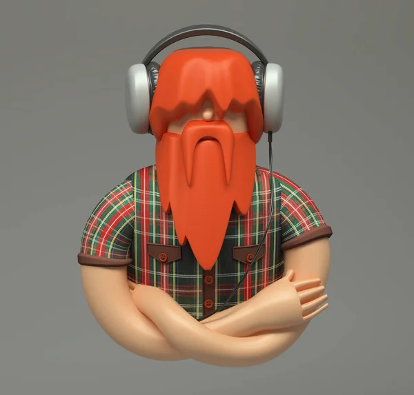 3D render. Büyük kulaklık ile müzik dinlemek büyümüş kırmızı sakallı sessizce genç adam. Oduncu stil karakter karikatür. Şirin şekil üzerinde gri arka plan izole.