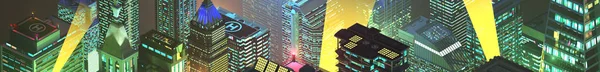 Renderização Skyline Noite Cidade Com Projetores Amarelos Brilhantes Muitas Luzes — Fotografia de Stock