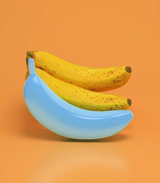 Darstellung Glamouröse Blaue Plastikbanane Und Realistische Bananen Bemalte Gefälschte Früchte — Stockfoto