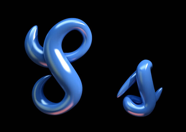 3d handwritten blue plastic alphabet letter S on black background.
