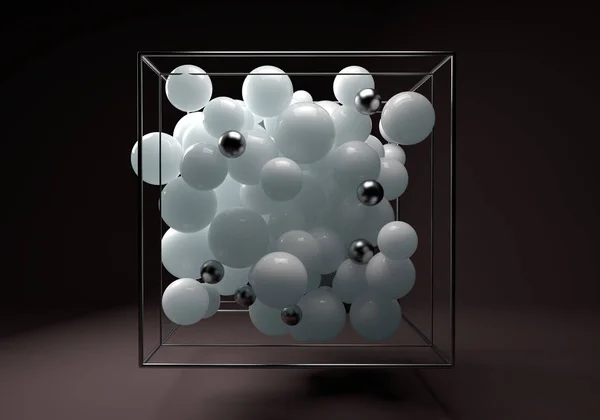 Grupo Esferas Brilhantes Monocromáticas Cubo Arame Cromado Bolas Plástico Branco — Fotografia de Stock