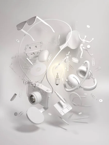 Rendering Group Objects Flying Light Bulb Creativity Concept Thinking Get — Stock Photo, Image