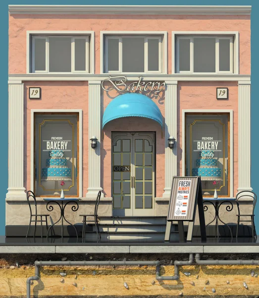 arka plan küçük fırın Dükkanı ile 3D render. 3D karikatür tarzı şirin Avrupa Bina. Detaylı pembe Cephesi sütunları ve büyük pasta vitrinler ile. Sokak kafeleri. Açık oturma.