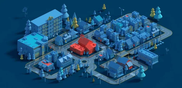 3d rendering of low poly isometric city in winter. Stylized red houses with heating, power energy concept. Town building, trees and roads on blue background. Isolated city block