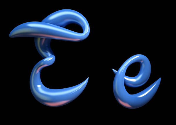 3d handwritten blue plastic alphabet letter E on black background.