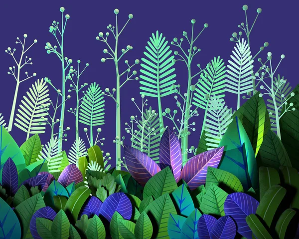 Kreskówki Stylizowane Dżungli Abstrakcja Zielony Liści Fioletowym Tle — Zdjęcie stockowe