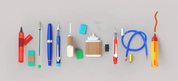3d rendering of paint and write tools set. Stationery lying in a row on the grey background. Education or school supplies items in nice bright cartoon style. Top view 