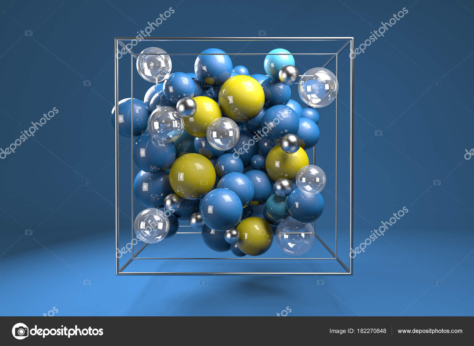 Gruppe Bunter Hochglanzkugeln Verchromtem Drahtwürfel Leuchtend Blaue