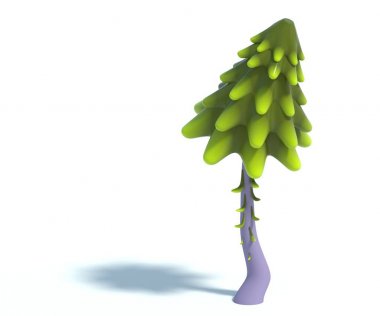 çizgi film köknar ağacı 3D render. Beyaz arka plan üzerinde izole gölge ile basit yeşil çam ağacı. Dizi iğne yapraklı stilize.