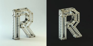 3D render. Perçinler ve vidalar ile metalik Oluşturucu font. Bina kiti 3d yazı tipi siyah ve beyaz arka plan üzerinde. Büyük harf R.