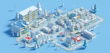 Kışın düşük Poli izometrik şehir 3D render. Bina, ağaçlar ve mavi arka plan yollarda bir kasaba. İzole bloğu