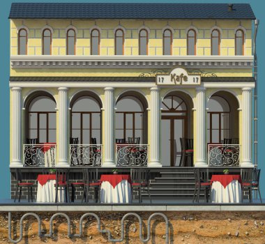 arka plan küçük kafe ile 3D render. 3D karikatür tarzı şirin Avrupa Bina. Detaylı Cephesi sütunları ve kiremit çatı, sokak kafeleri ile. Açık oturma.