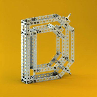 3D render Alfabe harf D with metal Oluşturucu. Eski reklam tarzda yumuşak gölgeler Sarı zemin üzerine Isolated işaretleri