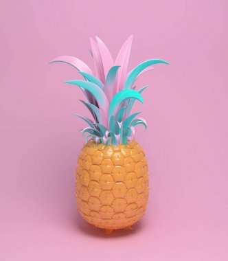 parlak sulu ananas 3D render yaz için eğlenceli bir arka plan. Canlı renkler, trendy poster pastel pembe.   