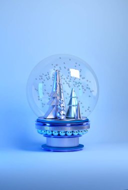 modern soyut Noel kartopu bir yığın ile 3D render ağaçlar ve kar taneleri. 