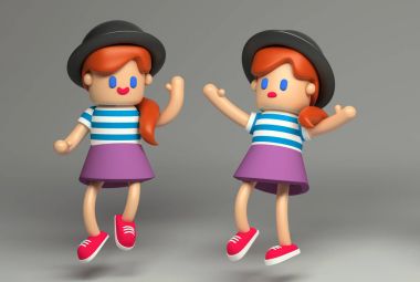 3D Bouncing ve tökezleyerek kız oyuncak karakter. Küçük şirin şekil üzerinde gri bir arka plan ile gerçekçi gölgeler