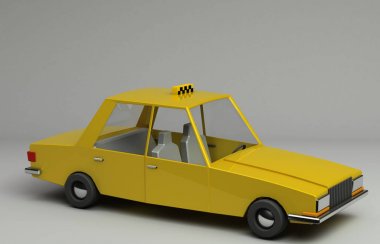 komik retro 3D render sarı taksi tarz. Parlak parlak araç gerçekçi gölgeler ile gri arka plan üzerinde. Yukarıdaki üç çeyrek görünüm