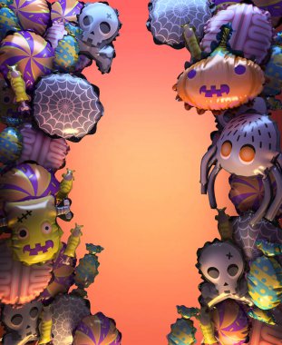 Mutlu Cadılar Bayramı tebrik kartı 3D render. Stilize çizgi film Halloween başlık sayfası veya poster. 