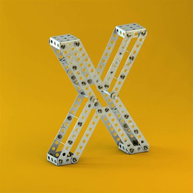 3D render Alfabe harf X metal Oluşturucu ile. Eski reklam tarzda yumuşak gölgeler Sarı zemin üzerine Isolated işaretleri
