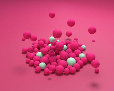 lastik top zıplatma, 3d render. Arka plan parlak renkli küreler ve gerçekçi gölgeler. Güzel canlı pembe renk.