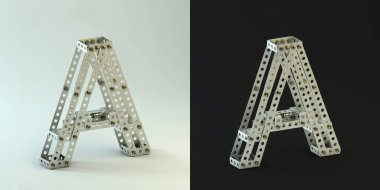 3D render. Perçinler ve vidalar ile metalik Oluşturucu font. Bina kiti 3d yazı tipi siyah ve beyaz arka plan üzerinde. Büyük harf A.