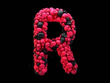 Alfabe harf R. kafatasları ve kemikleri 3d yazı tipi, renkli pembe ve siyah 3D render 