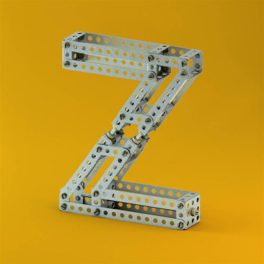 3D render Alfabe harf Z with metal Oluşturucu. Eski reklam tarzda yumuşak gölgeler Sarı zemin üzerine Isolated işaretleri