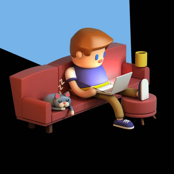 3D render bir kanepede oturan ve gece geç saatlerde dizüstü bilgisayar üzerinde çalışan bir genç adam. Şirin bir çalışma alanı. Kedi kanepede uyuyor. Stilize izole üzerinde siyah arka plan çizgi film. 