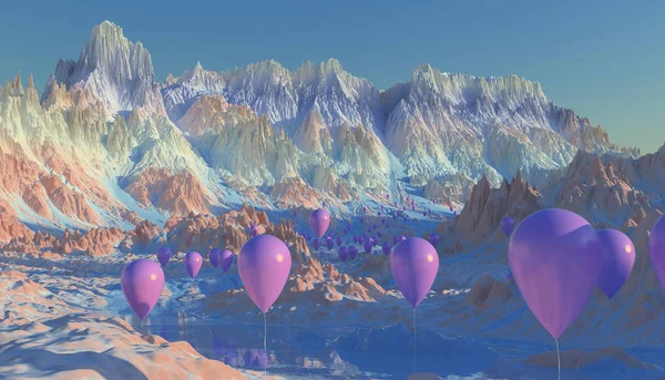 在外星星球日出时渲染风景 抽象的科幻山与水 — 图库照片