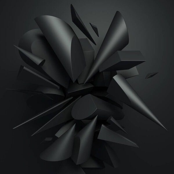 3d abstract render of geometric black cylinders on dark grey background