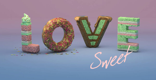 3d cake font letters. Inscription from sweets, tasty word happy on blue background