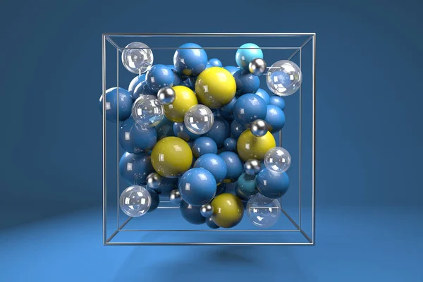 Grupo Esferas Brilhantes Coloridas Cubo Arame Cromado Bolas Plásticas Azuis — Fotografia de Stock